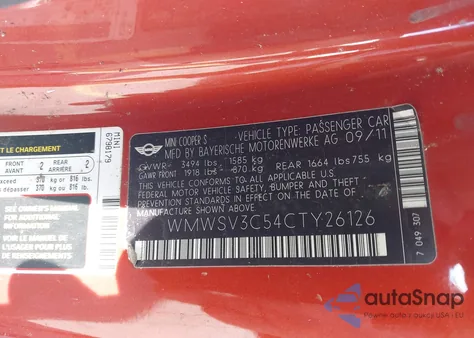 2012 Mini Cooper S z USA, uszkodzony, nr VIN WMWSV3C54CTY26126